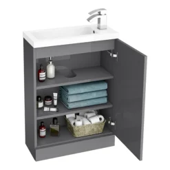 Apollo2 605mm Gloss Grey Open Shelf Compact Floor Standing Vanity Unit W. Matt Black Handle