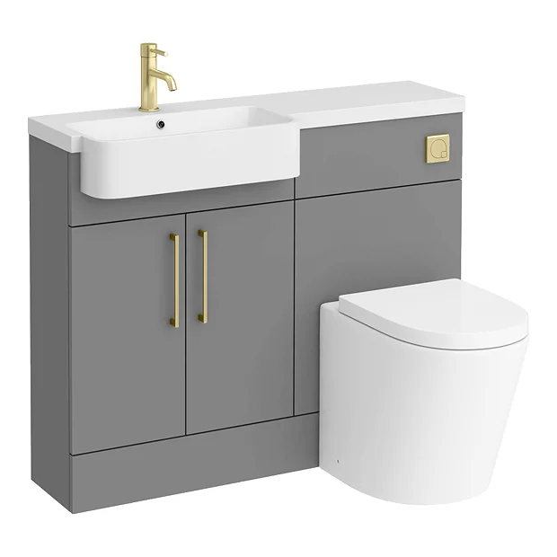 Arezzo 1100 Matt Grey Semi-Recessed Round Combination Vanity Unit (Brushed Brass Flush & Handles) 8 Arezzo 1100 Matt Grey Semi-Recessed Round Combination Vanity Unit (Brushed Brass Flush & Handles) - Image 6