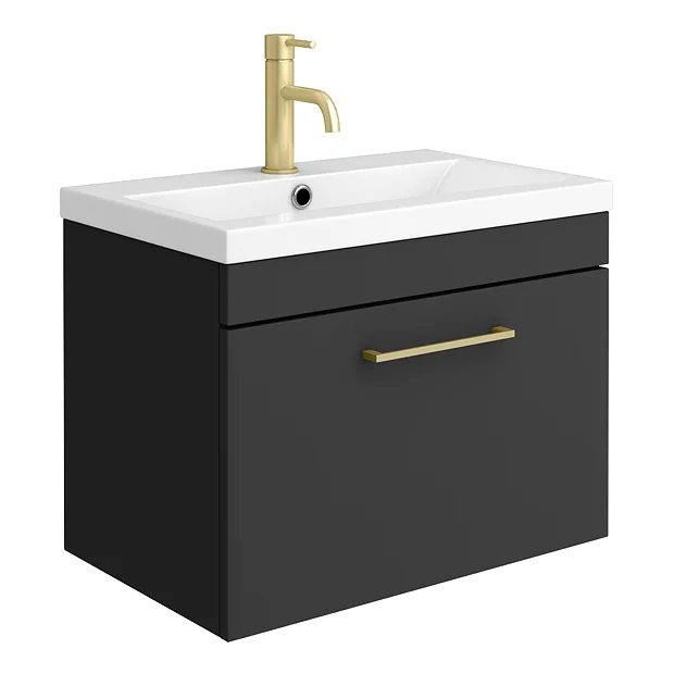 Arezzo 600 Matt Black Wall Hung 1-Drawer Vanity Unit With Brushed Brass Handle 4 Arezzo 600 Matt Black Wall Hung 1-Drawer Vanity Unit With Brushed Brass Handle - Image 2