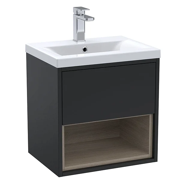 Arezzo Senza 500mm Matt Black / Vicenza Oak Wall Hung Vanity Unit With Open Shelf + Ceramic Basin 4 Arezzo Senza 500mm Matt Black / Vicenza Oak Wall Hung Vanity Unit With Open Shelf + Ceramic Basin - Image 2