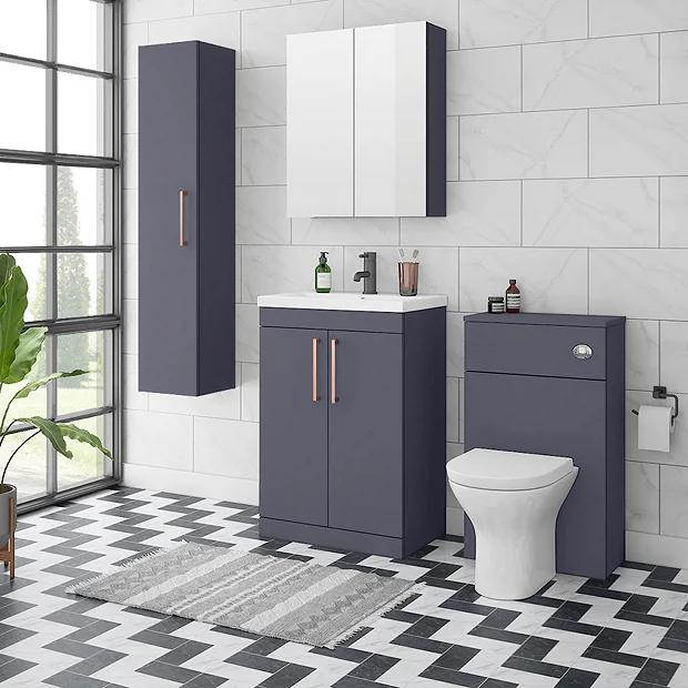 Arezzo Blue Floor Standing Vanity Unit, Tall Cabinet + Toilet Pack With Rose Gold Handles 4 Arezzo Blue Floor Standing Vanity Unit, Tall Cabinet + Toilet Pack With Rose Gold Handles - Image 2