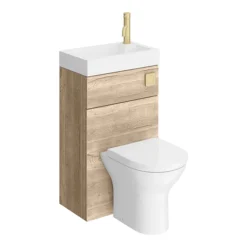 Arezzo Rustic Oak 2-In-1 Wash Basin & Toilet (500mm Wide X 300mm) Incl. Brushed Brass Flush -Bathroom Furniture azcombwcokb d7