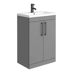 Arezzo Grey Floor Standing Vanity Unit, Tall Cabinet + Toilet Pack With Black Handles -Bathroom Furniture azgbkfsp1 d1