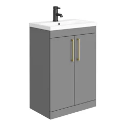 Arezzo Grey Floor Standing Vanity Unit, Tall Cabinet + Toilet Pack With Brass Handles -Bathroom Furniture azgbrfsp1 d1