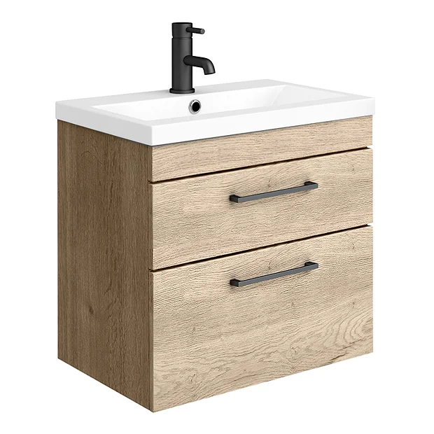 Arezzo 600 Rustic Oak Wall Hung 2-Drawers Vanity Unit With Matt Black Handles 4 Arezzo 600 Rustic Oak Wall Hung 2-Drawers Vanity Unit With Matt Black Handles - Image 2