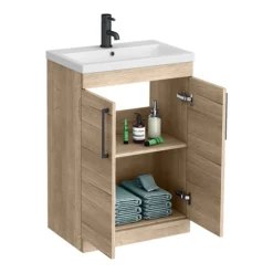 Arezzo Floor Standing Vanity Unit - Rustic Oak - 600mm With Matt Black Handles -Bathroom Furniture azro6fsvmb d2