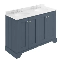 Bayswater Stiffkey Blue 1200mm 4 Door Vanity Unit & 3TH White Marble Double Bowl Basin Top