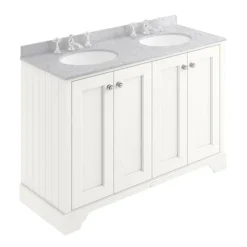 Bayswater Pointing White 1200mm 4 Door Vanity Unit & 3TH Grey Marble Double Bowl Basin Top