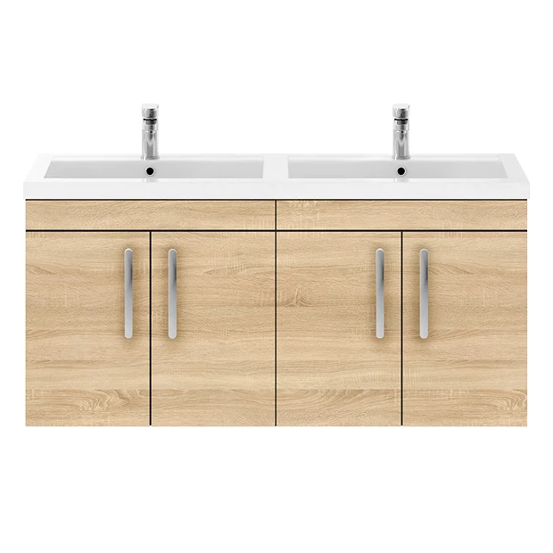 Brooklyn 1205mm Natural Oak Wall Hung 4 Door Double Basin Vanity Unit 4 Brooklyn 1205mm Natural Oak Wall Hung 4 Door Double Basin Vanity Unit - Image 2