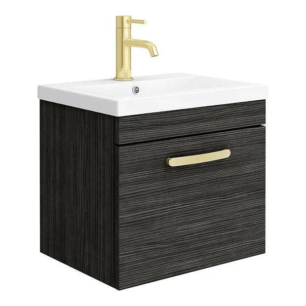Brooklyn 500mm Black Wall Hung 1-Drawer Vanity Unit With Brushed Brass Handle 4 Brooklyn 500mm Black Wall Hung 1-Drawer Vanity Unit With Brushed Brass Handle - Image 2