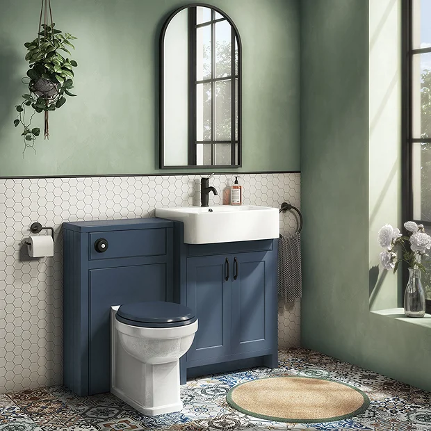 Chatsworth Traditional Blue Semi-Recessed Vanity Unit W. Matt Black Handles + Toilet Package 4 Chatsworth Traditional Blue Semi-Recessed Vanity Unit W. Matt Black Handles + Toilet Package - Image 2