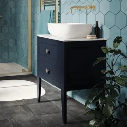 Crosswater Canvass Deep Indigo Blue 600mm Double Drawer Unit With Carrara Marble Effect Worktop -Bathroom Furniture cv600wlib d3