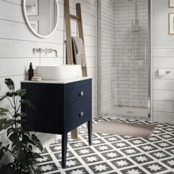 Crosswater Canvass Deep Indigo Blue 600mm Double Drawer Unit With Carrara Marble Effect Worktop