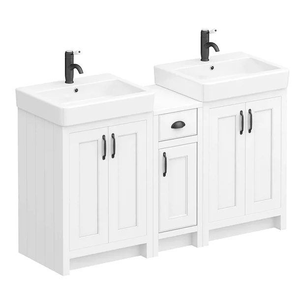 Chatsworth Traditional White Double Basin Vanity + Cupboard Combination Unit With Matt Black Handles 4 Chatsworth Traditional White Double Basin Vanity + Cupboard Combination Unit With Matt Black Handles - Image 2