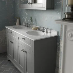 Old London 1200mm Cabinet & Double Bowl Grey Marble Top - Storm Grey -Bathroom Furniture lof268 d2