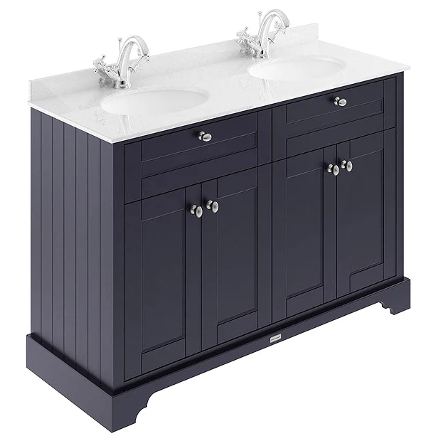 Old London 1200mm Cabinet & Double Bowl White Marble Top - Twilight Blue 4 Old London 1200mm Cabinet & Double Bowl White Marble Top - Twilight Blue - Image 2