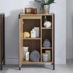 Milan Industrial Matt Black Framed Open Shelf Bathroom Storage Unit - Wood Effect -Bathroom Furniture mil352m d2