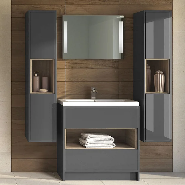 Haywood 1400mm Gloss Grey / Driftwood Wall Hung Tall Unit 3 Haywood 1400mm Gloss Grey / Driftwood Wall Hung Tall Unit