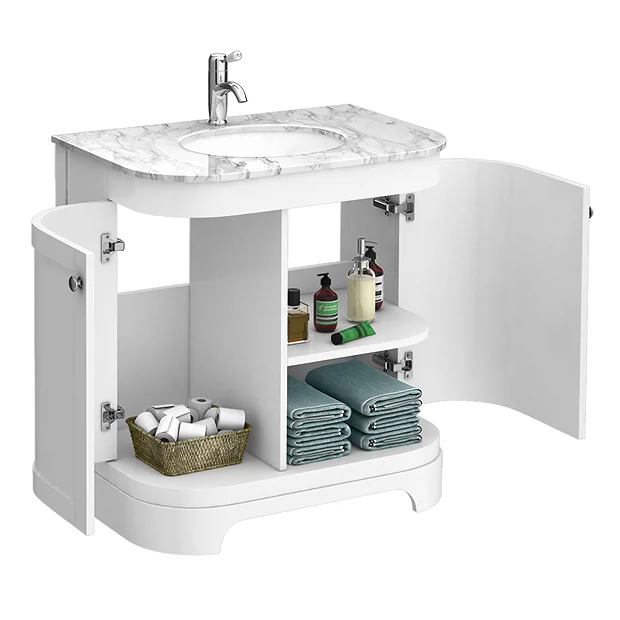 Period Bathroom Co. 820mm Curved Vanity Unit With White Marble Basin Top - White 3 Period Bathroom Co. 820mm Curved Vanity Unit With White Marble Basin Top - White