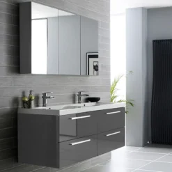 Hudson Reed 1440mm Gloss Grey Quartet Double Basin Vanity Unit