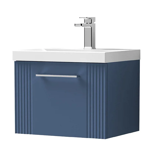 Roxbury Deco Fluted 500mm Blue Vanity Unit - Wall Hung Single Drawer Unit With Chrome Handle 4 Roxbury Deco Fluted 500mm Blue Vanity Unit - Wall Hung Single Drawer Unit With Chrome Handle - Image 2