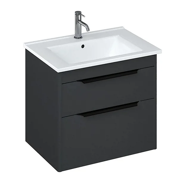 Britton Shoreditch 650mm Wall-Hung Double Drawer Vanity Unit With Black Handles - Matt Grey 4 Britton Shoreditch 650mm Wall-Hung Double Drawer Vanity Unit With Black Handles - Matt Grey - Image 2