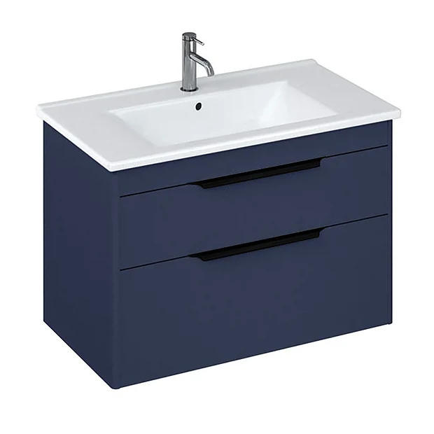 Britton Shoreditch 850mm Wall-Hung Double Drawer Vanity Unit With Black Handles - Matt Blue 4 Britton Shoreditch 850mm Wall-Hung Double Drawer Vanity Unit With Black Handles - Matt Blue - Image 2