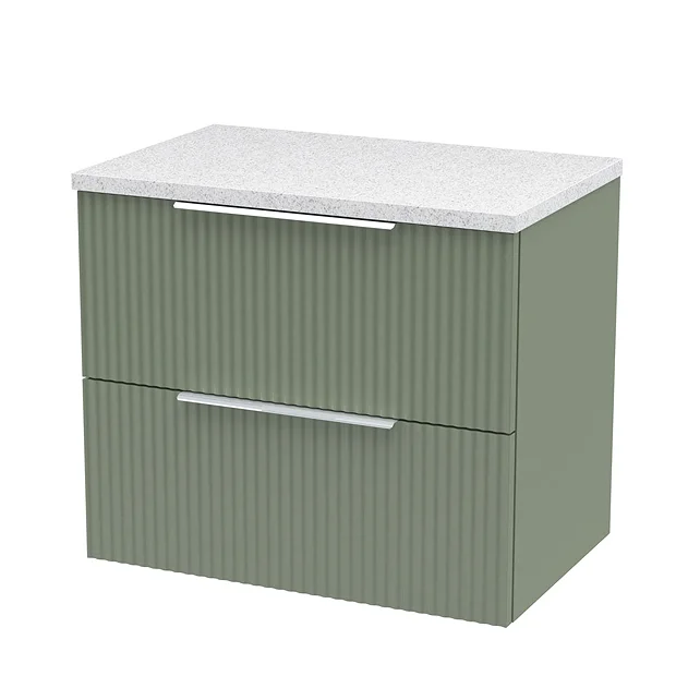 Venice Fluted 600mm Green Vanity Unit - Wall Hung 2 Drawer Unit With White Worktop & Chrome Handles 4 Venice Fluted 600mm Green Vanity Unit - Wall Hung 2 Drawer Unit With White Worktop & Chrome Handles - Image 2