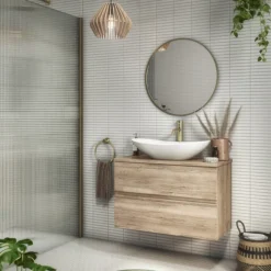 Venice Linea Rustic Oak Countertop Basin Unit - 800mm 2 Drawer With Oval Matt White Basin -Bathroom Furniture vl8oakw d1