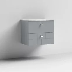 Venice Abstract 600mm Grey Vanity Unit - Wall Hung 2 Drawer Unit With Grey Worktop & Chrome Handles -Bathroom Furniture vwh6gregre d1
